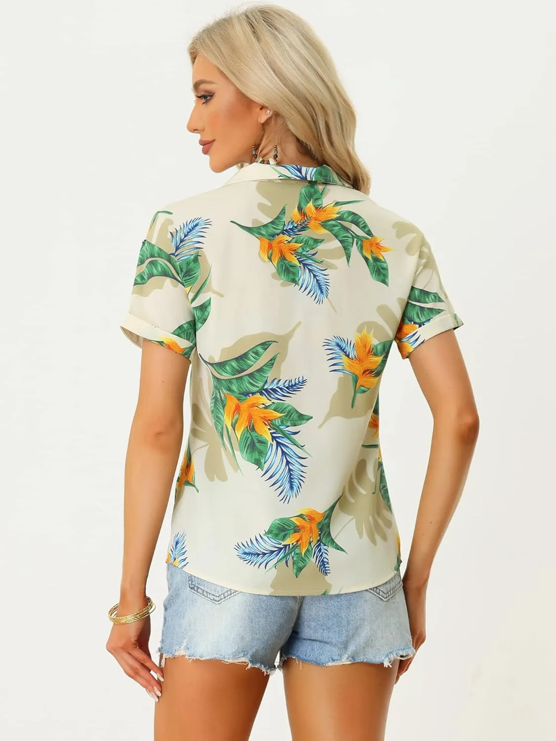 Allegra K Women's Hawaiian Shirt Floral Leaves Printed Short Sleeve Top Tropical Button Down Shirt Summer Fashion 2024