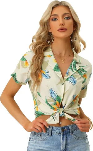 Allegra K Women's Hawaiian Shirt Floral Leaves Printed Short Sleeve Top Tropical Button Down Shirt Summer Fashion 2024