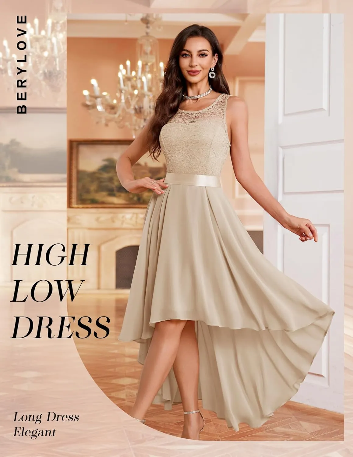BeryLove Cocktail Prom Dresses 2025 Formal Wedding Guest Dresses Sleeveless Lace High Low Homecoming Dress