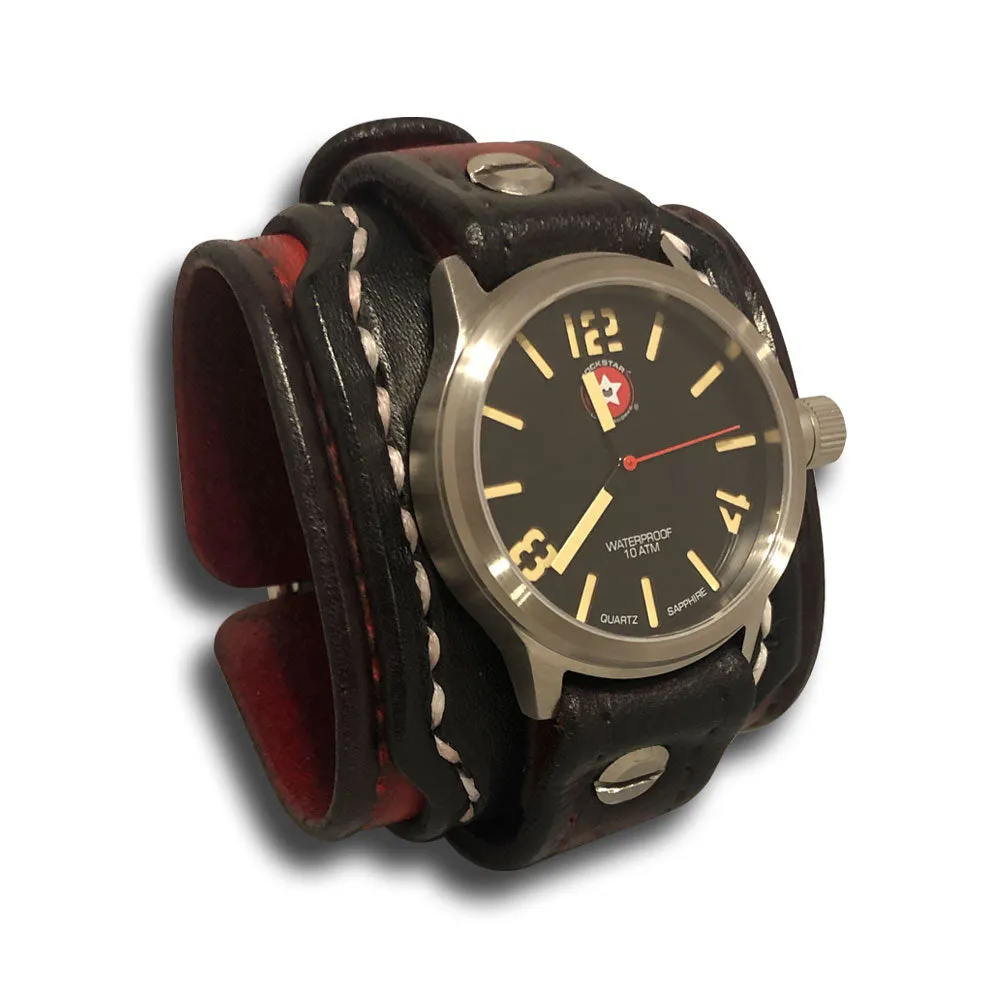 Black & Red 42mm Layered Leather Cuff Watch
