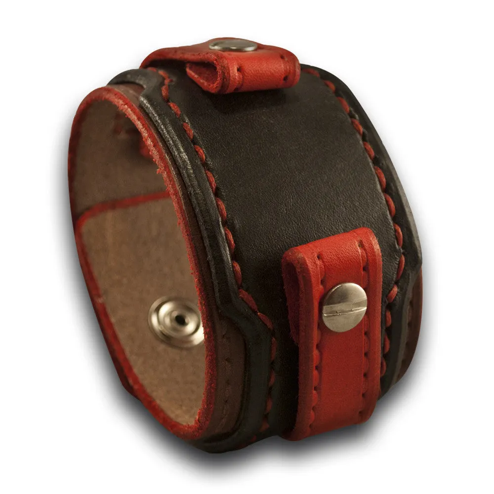 Black, Red, Mahogany Layered Leather Cuff Watch Band with Snaps