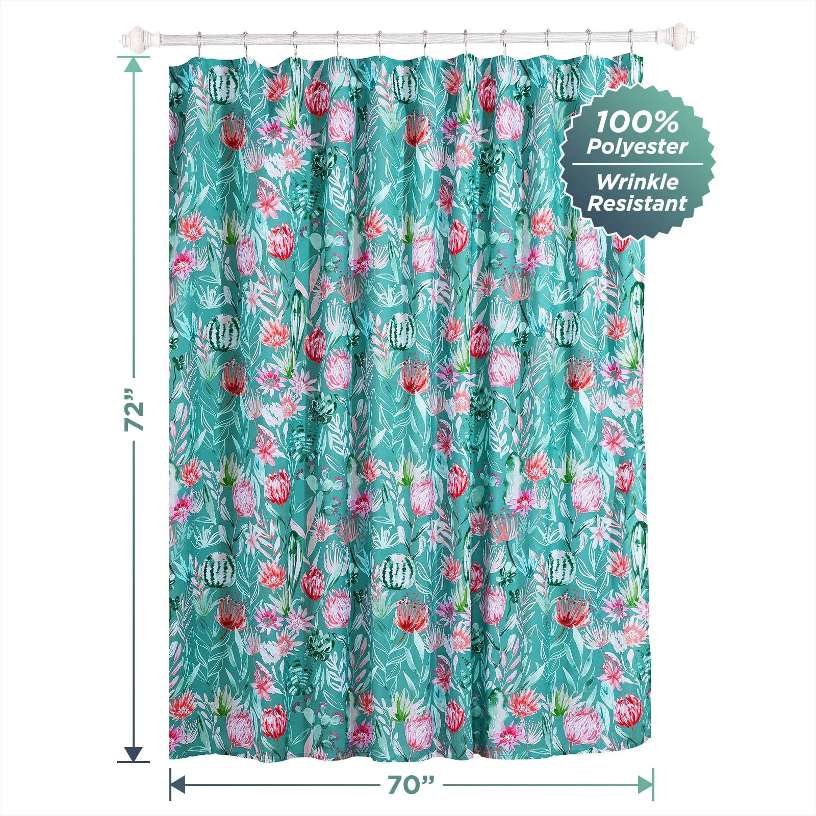 Cactus and Flower Floral Dusty Teal Bathroom Shower Curtain - Tropical Plant and Succulent Bathroom Theme Shower Curtain