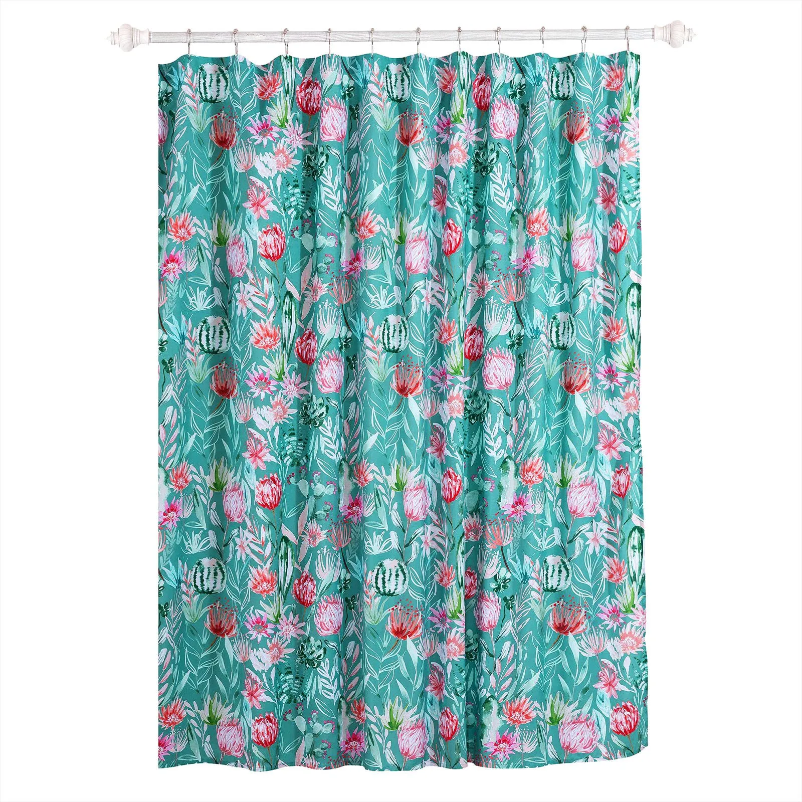 Cactus and Flower Floral Dusty Teal Bathroom Shower Curtain - Tropical Plant and Succulent Bathroom Theme Shower Curtain