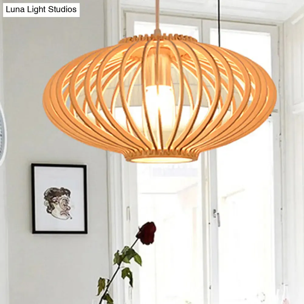 Contemporary Wooden Lantern Pendant Light in Beige for Living Room