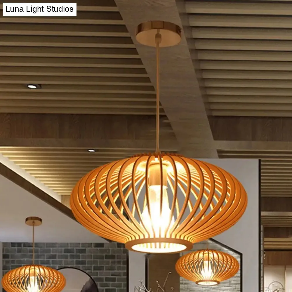 Contemporary Wooden Lantern Pendant Light in Beige for Living Room