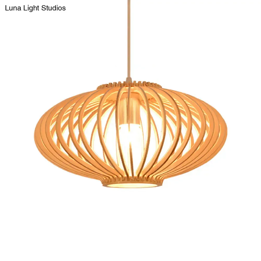 Contemporary Wooden Lantern Pendant Light in Beige for Living Room