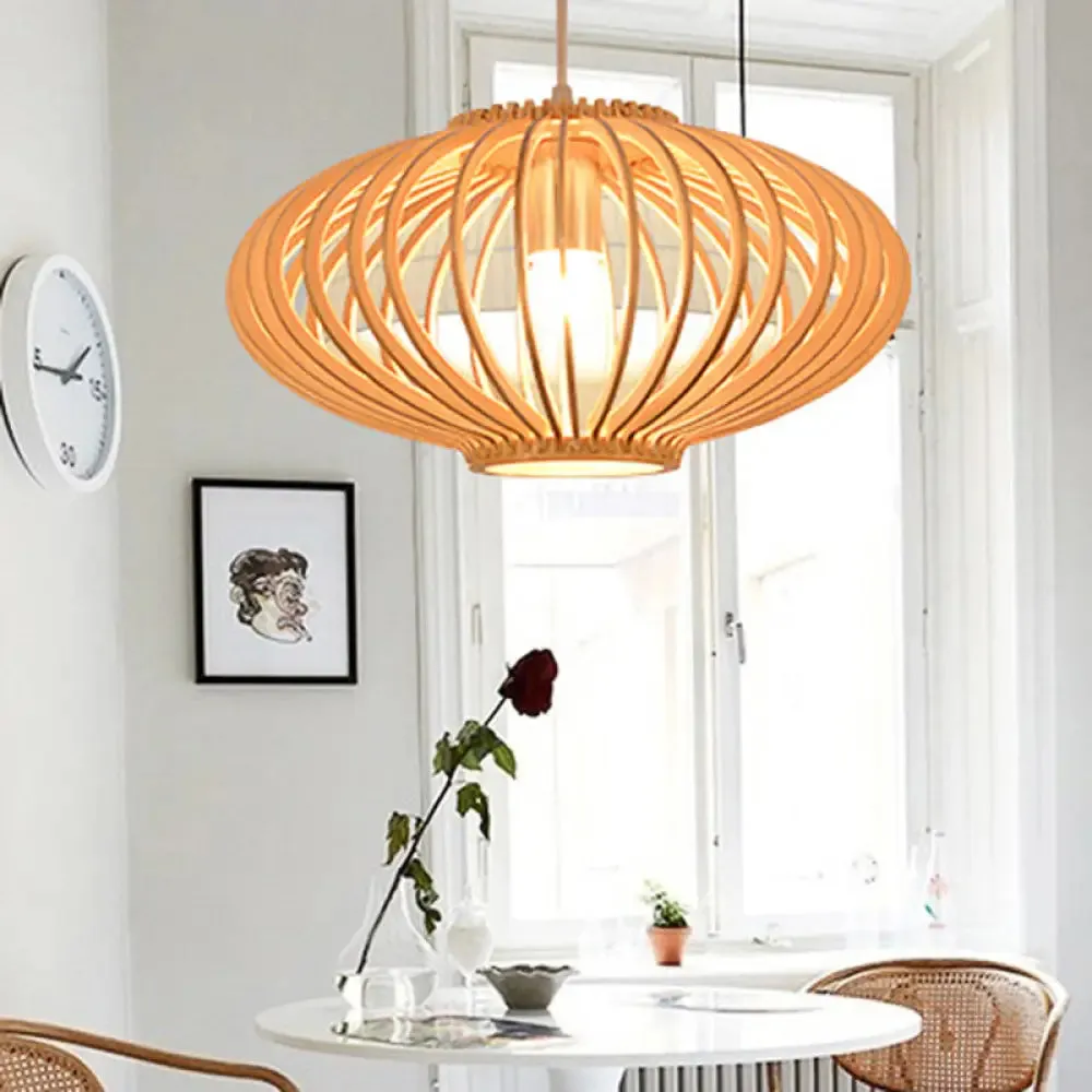 Contemporary Wooden Lantern Pendant Light in Beige for Living Room