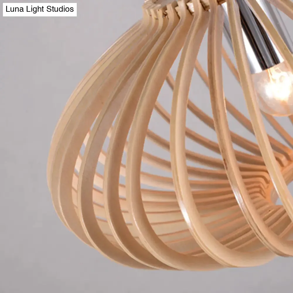 Contemporary Wooden Lantern Pendant Light in Beige for Living Room