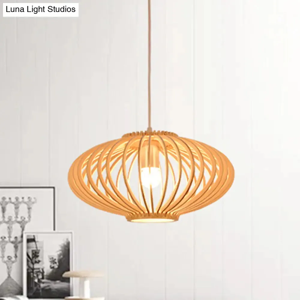 Contemporary Wooden Lantern Pendant Light in Beige for Living Room