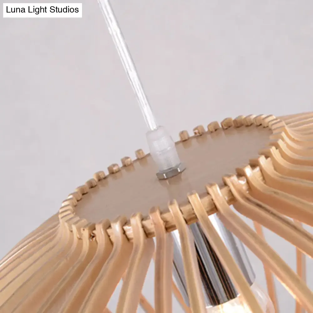Contemporary Wooden Lantern Pendant Light in Beige for Living Room