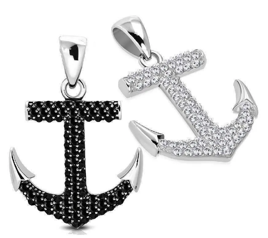 CZ Encrusted Mariner's Anchor Stainless Steel Pendant Necklace in Black or White CZ