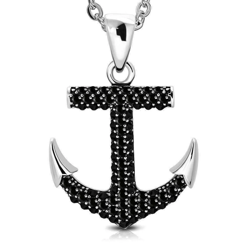 CZ Encrusted Mariner's Anchor Stainless Steel Pendant Necklace in Black or White CZ