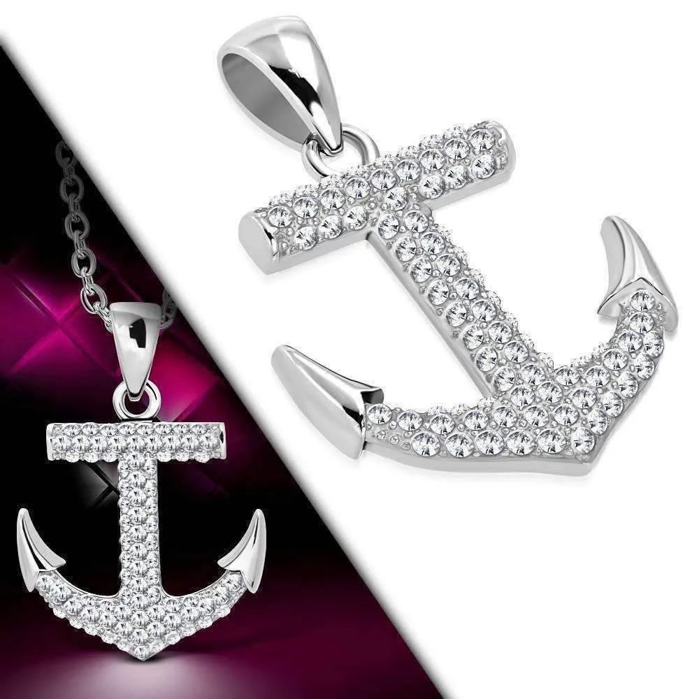 CZ Encrusted Mariner's Anchor Stainless Steel Pendant Necklace in Black or White CZ