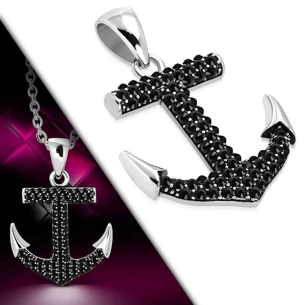 CZ Encrusted Mariner's Anchor Stainless Steel Pendant Necklace in Black or White CZ