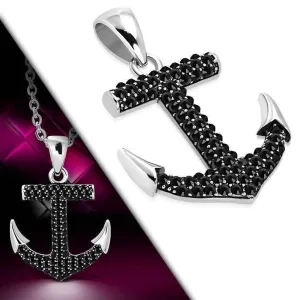 CZ Encrusted Mariner's Anchor Stainless Steel Pendant Necklace in Black or White CZ