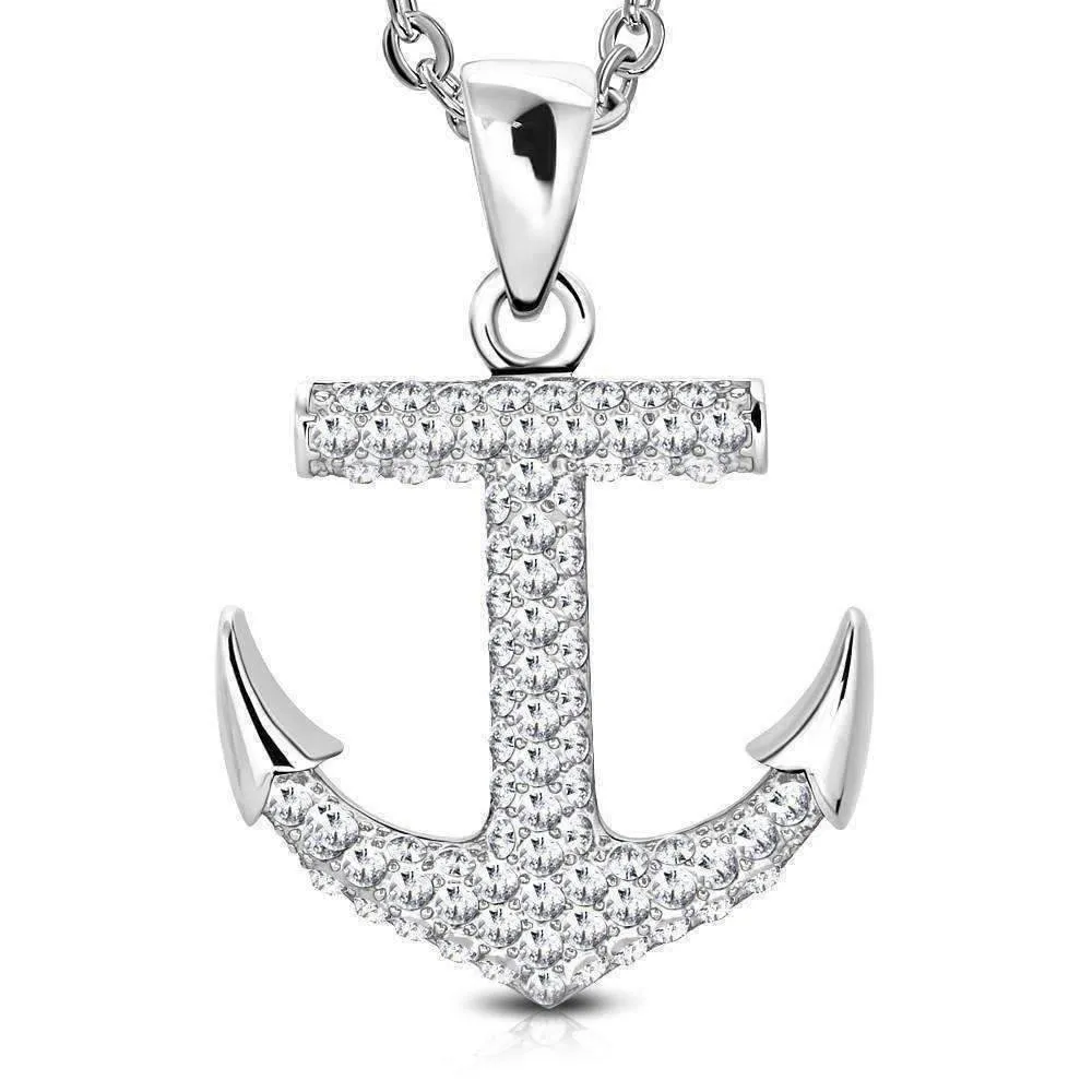 CZ Encrusted Mariner's Anchor Stainless Steel Pendant Necklace in Black or White CZ