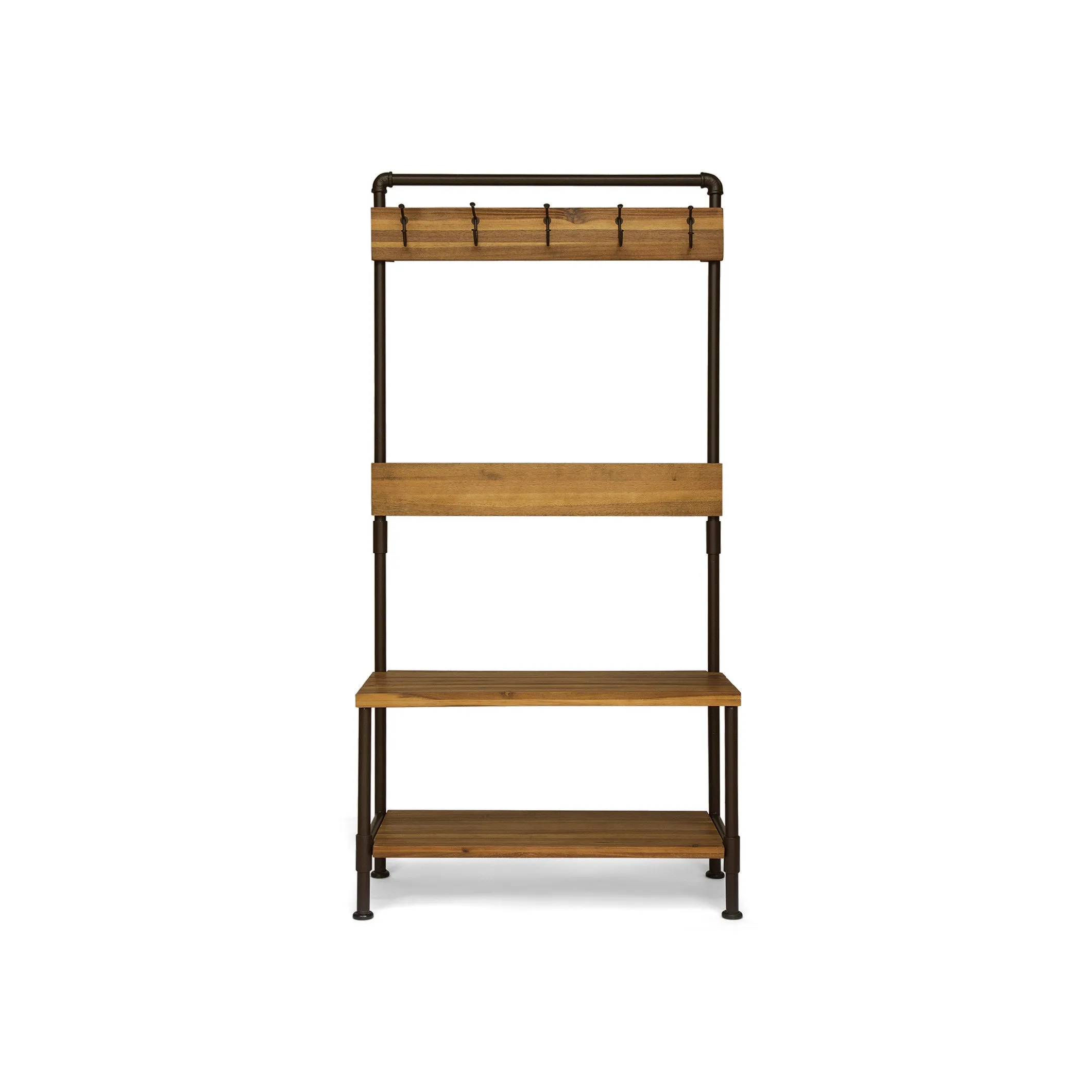 Dahl Outdoor Industrial Acacia and Iron Bench with Shelf and Coat Hooks