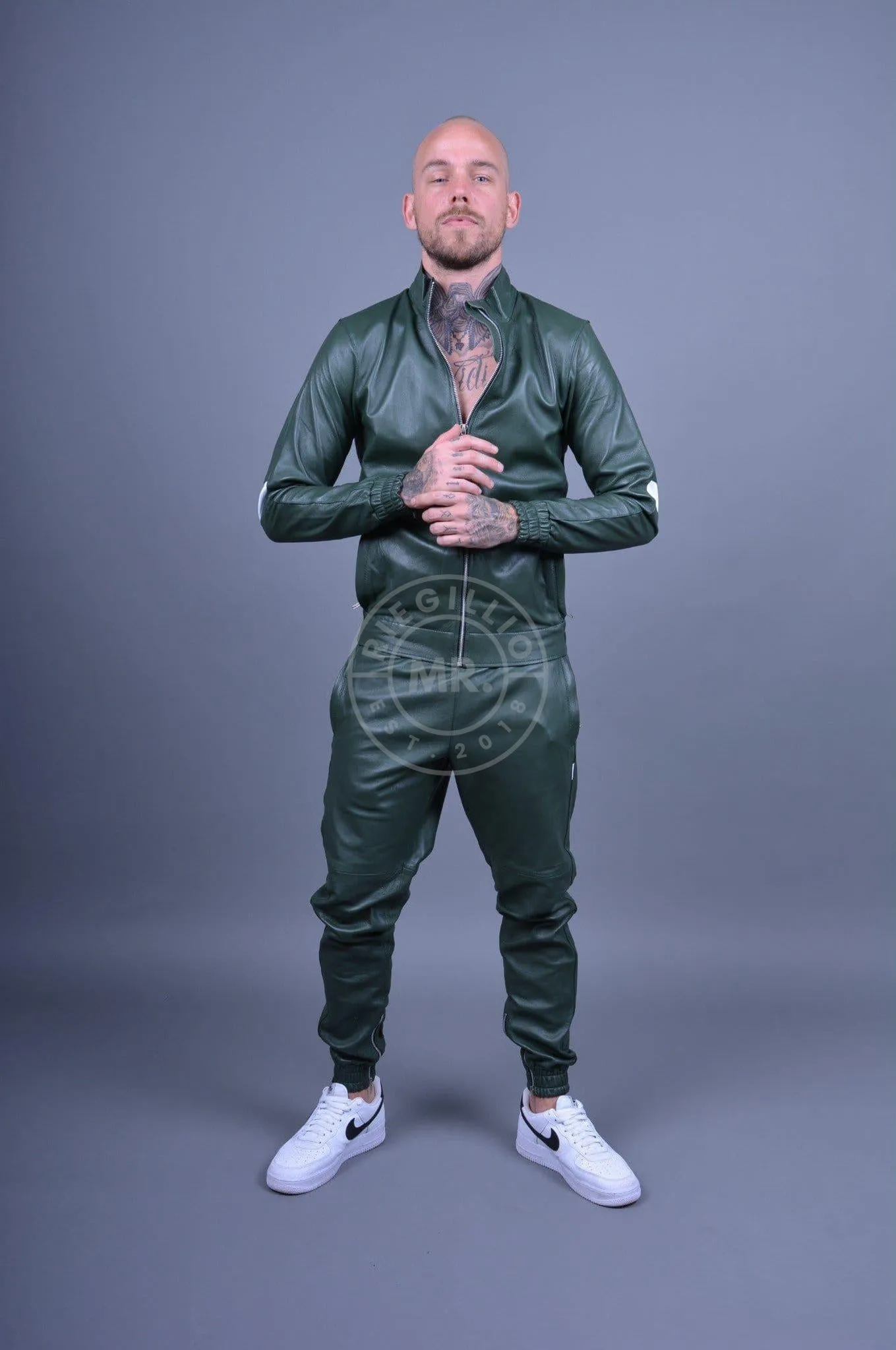 Dark Green Leather Tracksuit Jacket