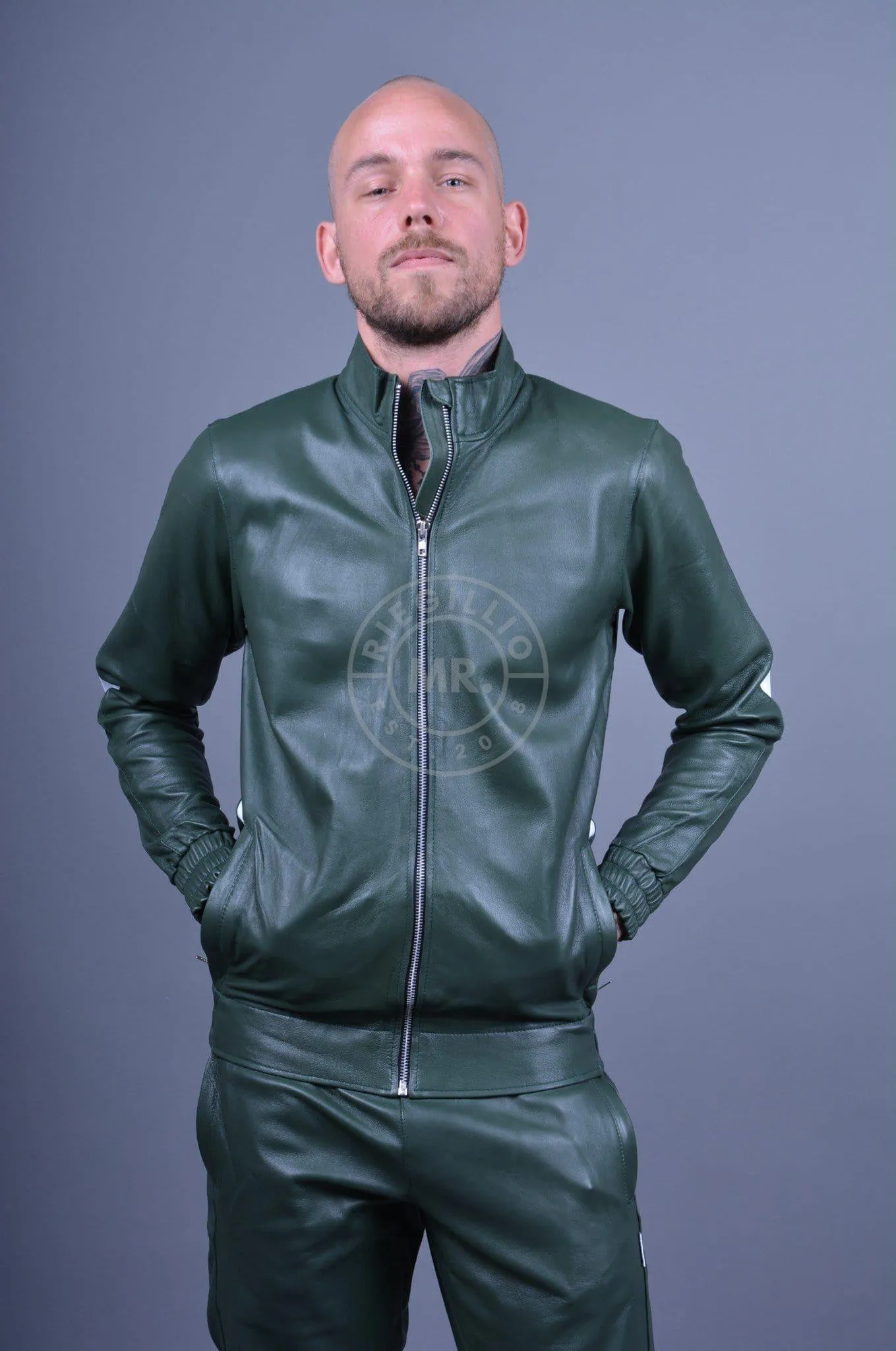 Dark Green Leather Tracksuit Jacket
