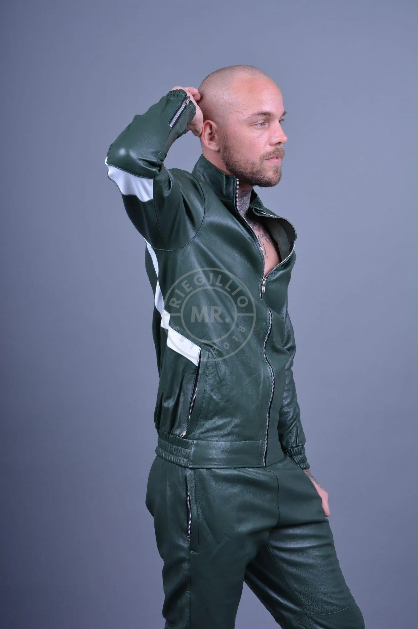 Dark Green Leather Tracksuit Jacket