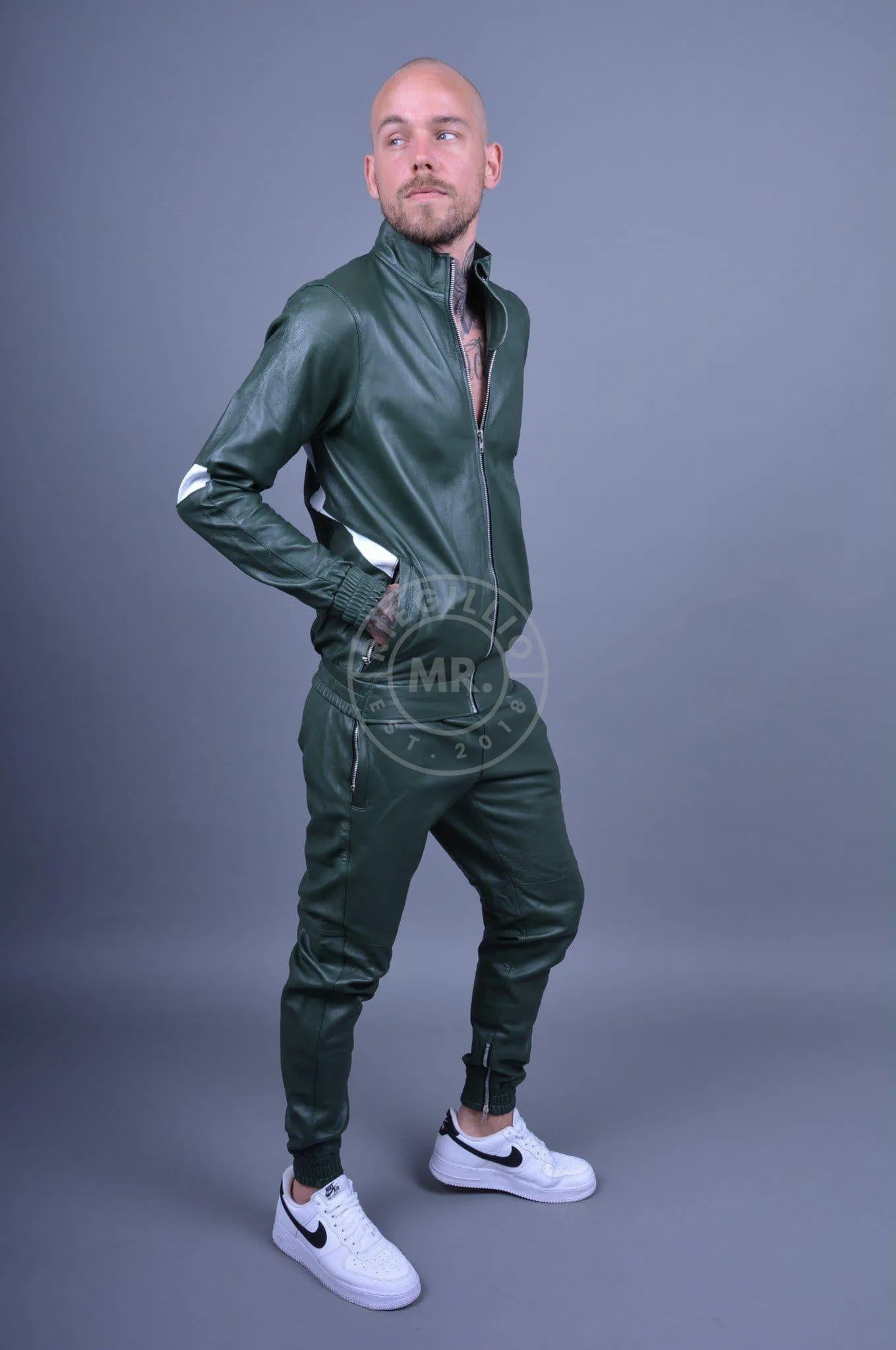 Dark Green Leather Tracksuit Jacket