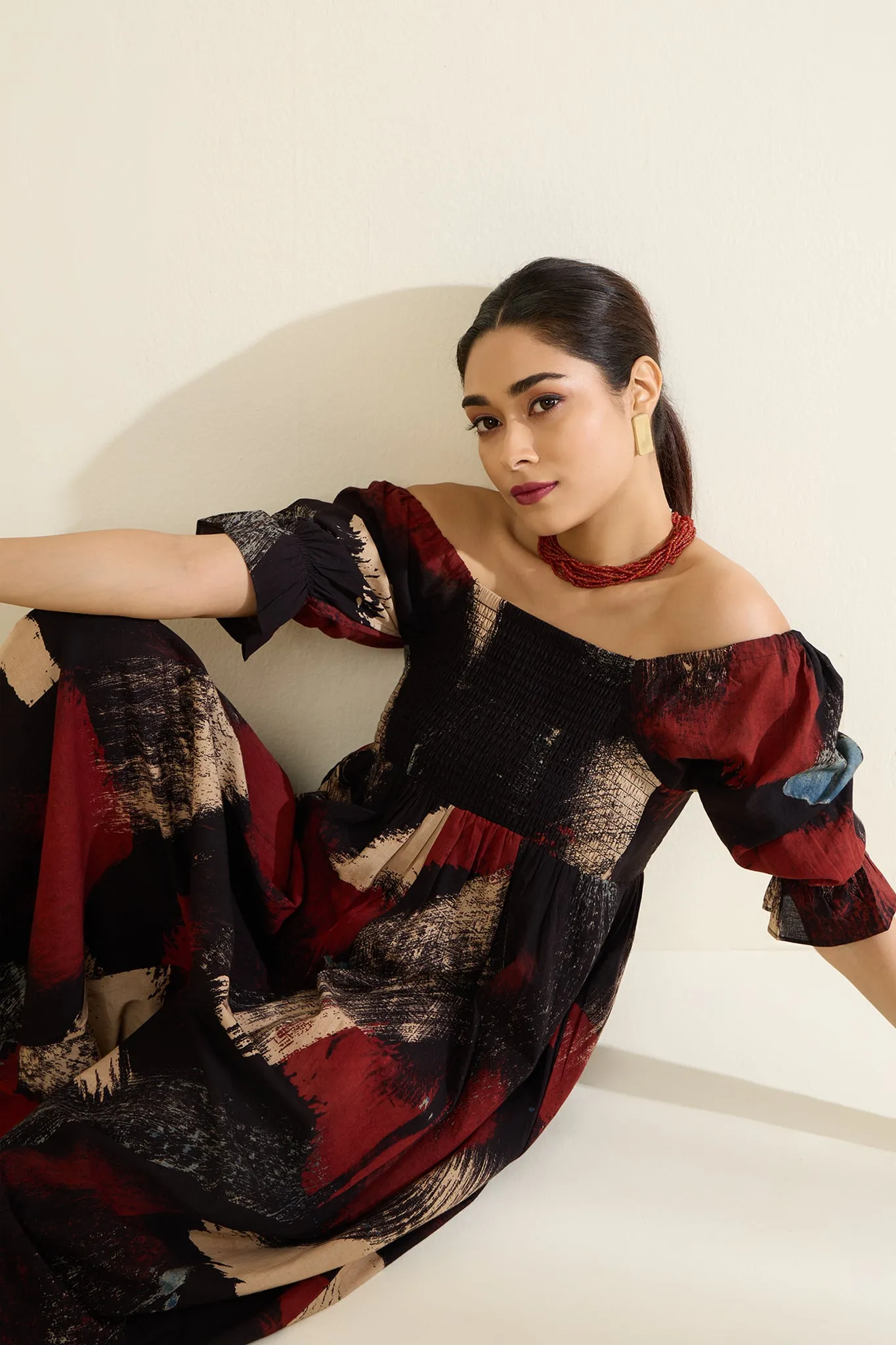 Ebony Scarlet Brush Strokes Off Shoulder Smocked Jumpsuit