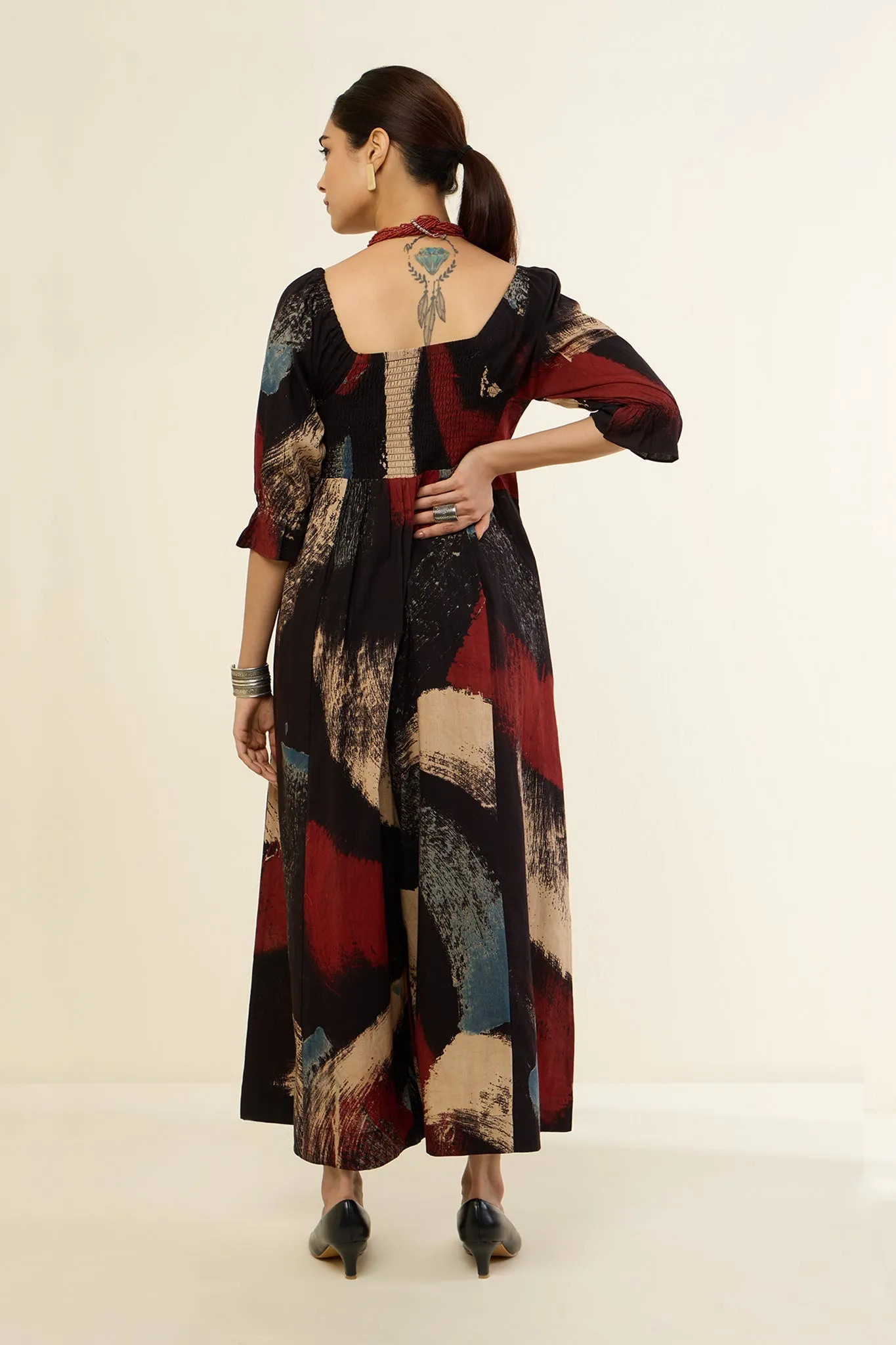 Ebony Scarlet Brush Strokes Off Shoulder Smocked Jumpsuit