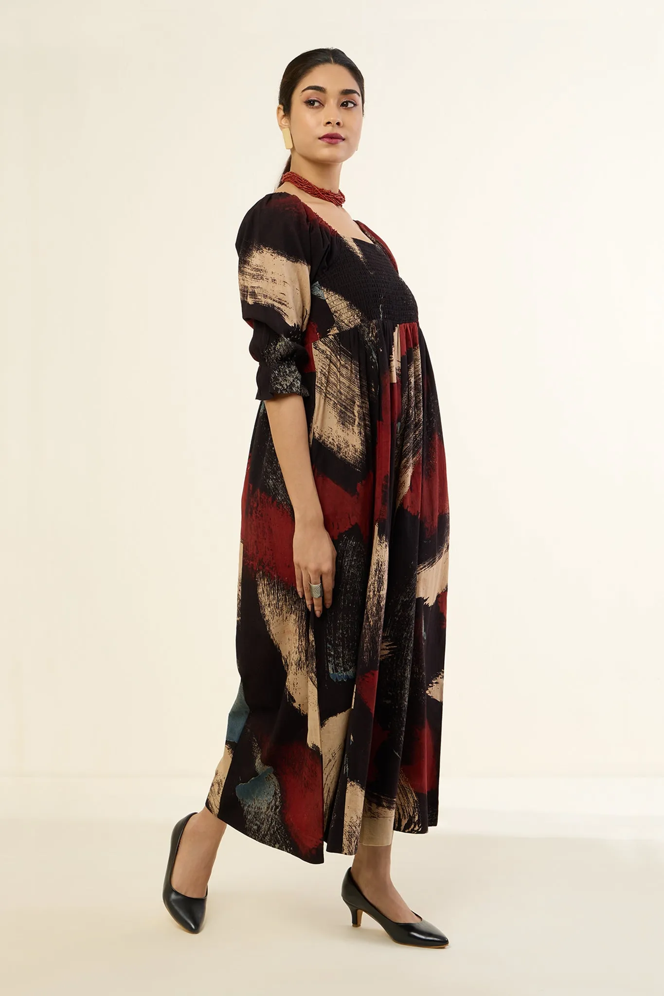 Ebony Scarlet Brush Strokes Off Shoulder Smocked Jumpsuit