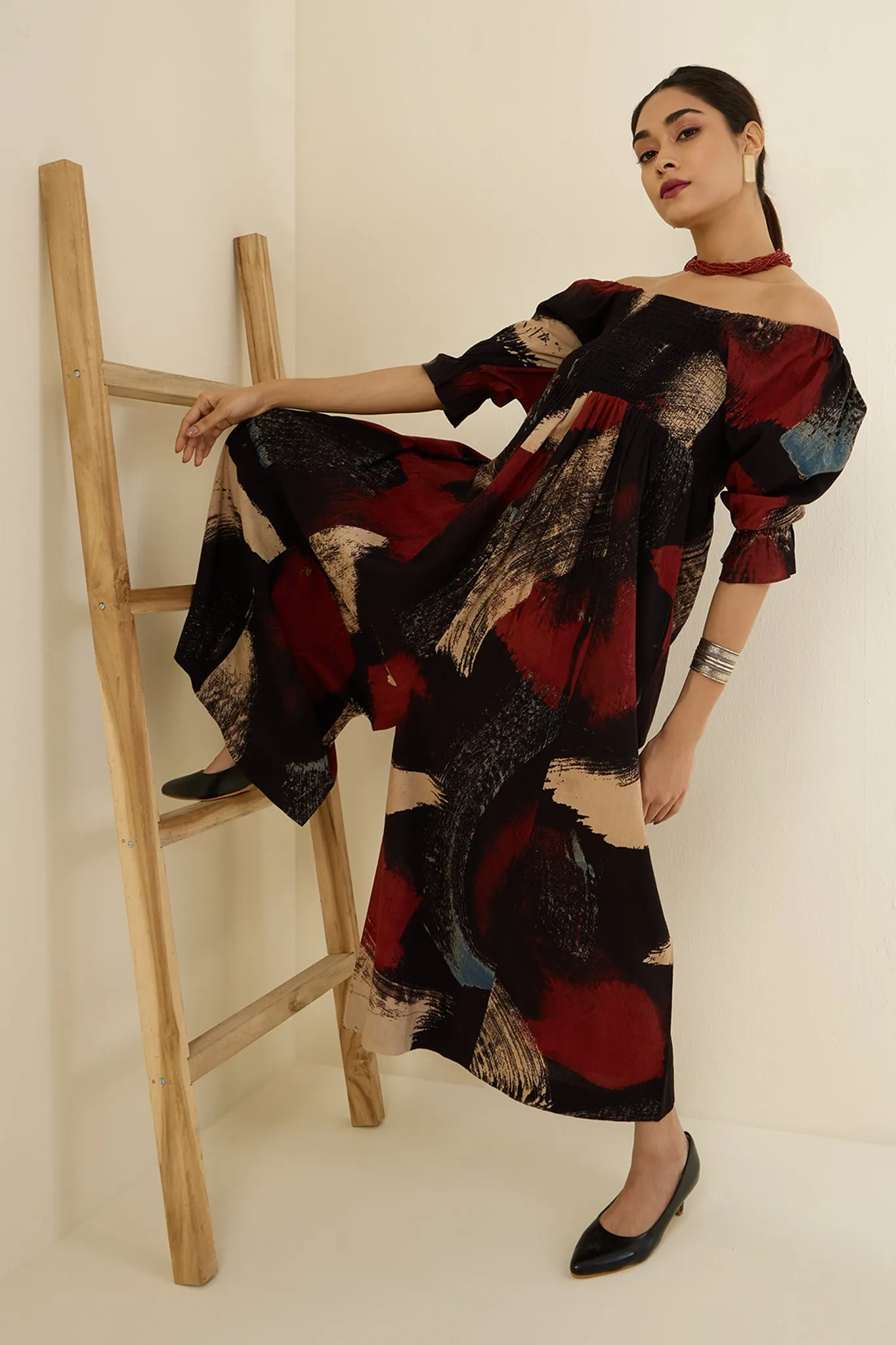 Ebony Scarlet Brush Strokes Off Shoulder Smocked Jumpsuit