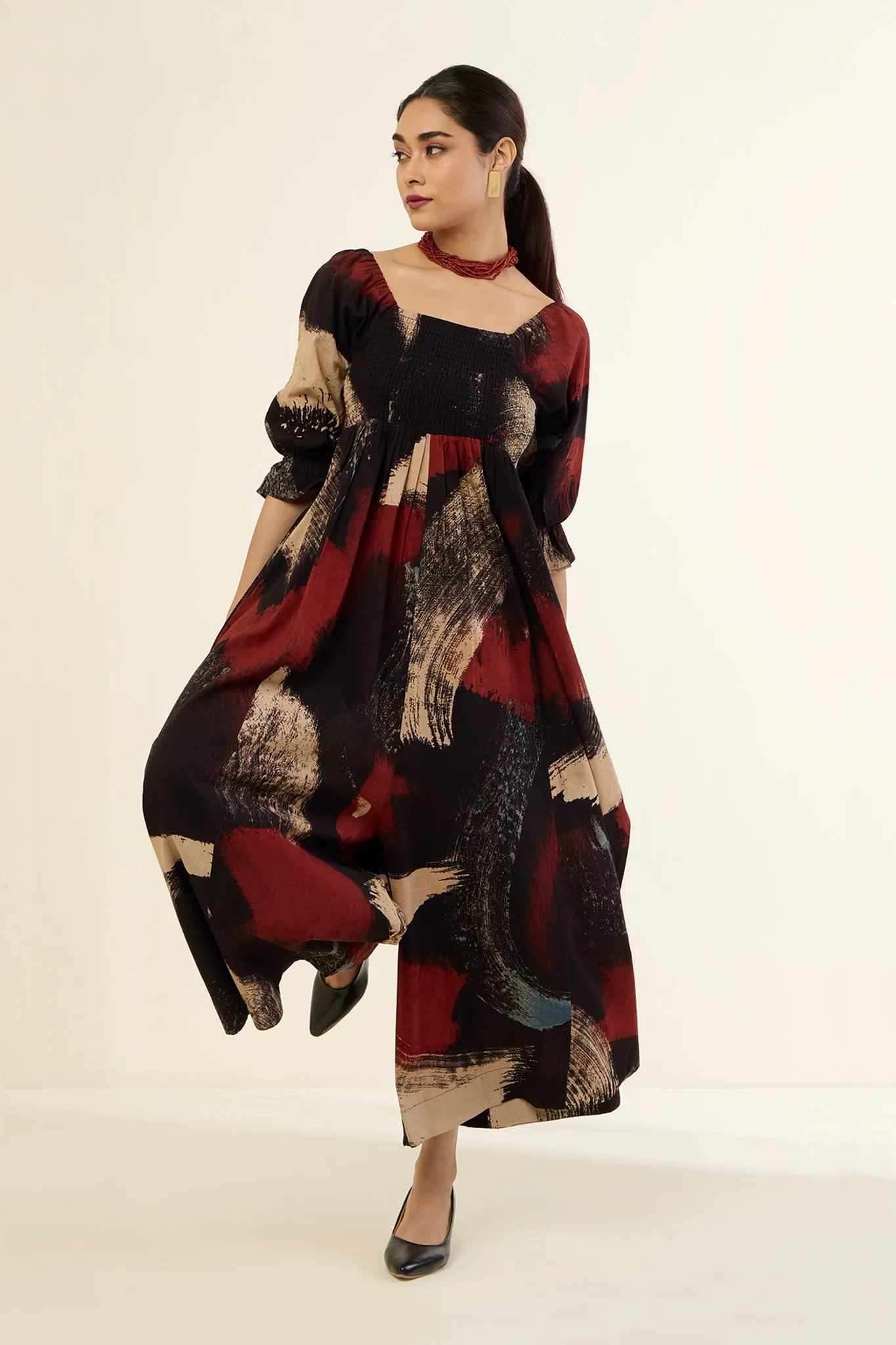 Ebony Scarlet Brush Strokes Off Shoulder Smocked Jumpsuit