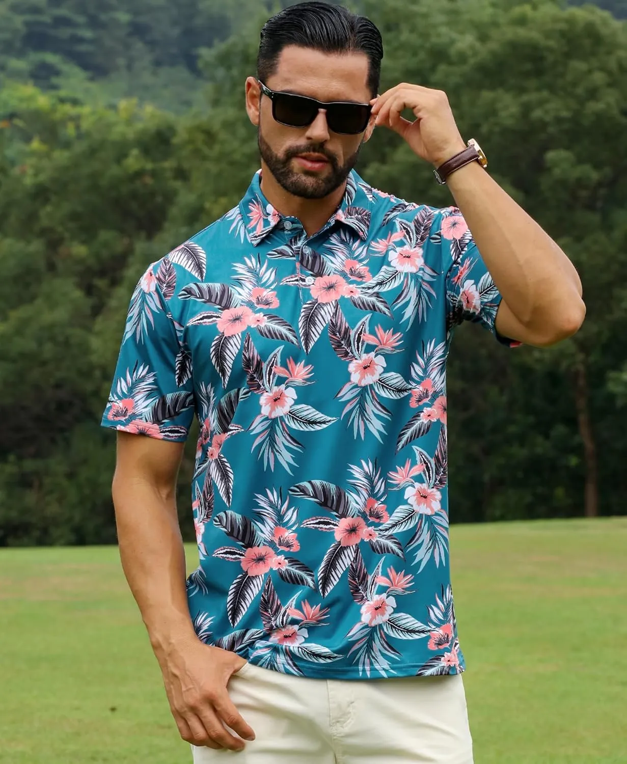 ELETOP Men's Golf Polo Shirts Short Sleeve Moisture Wicking Hawaiian Tropical Polos Performance Golf Shirts for Men Dry Fit