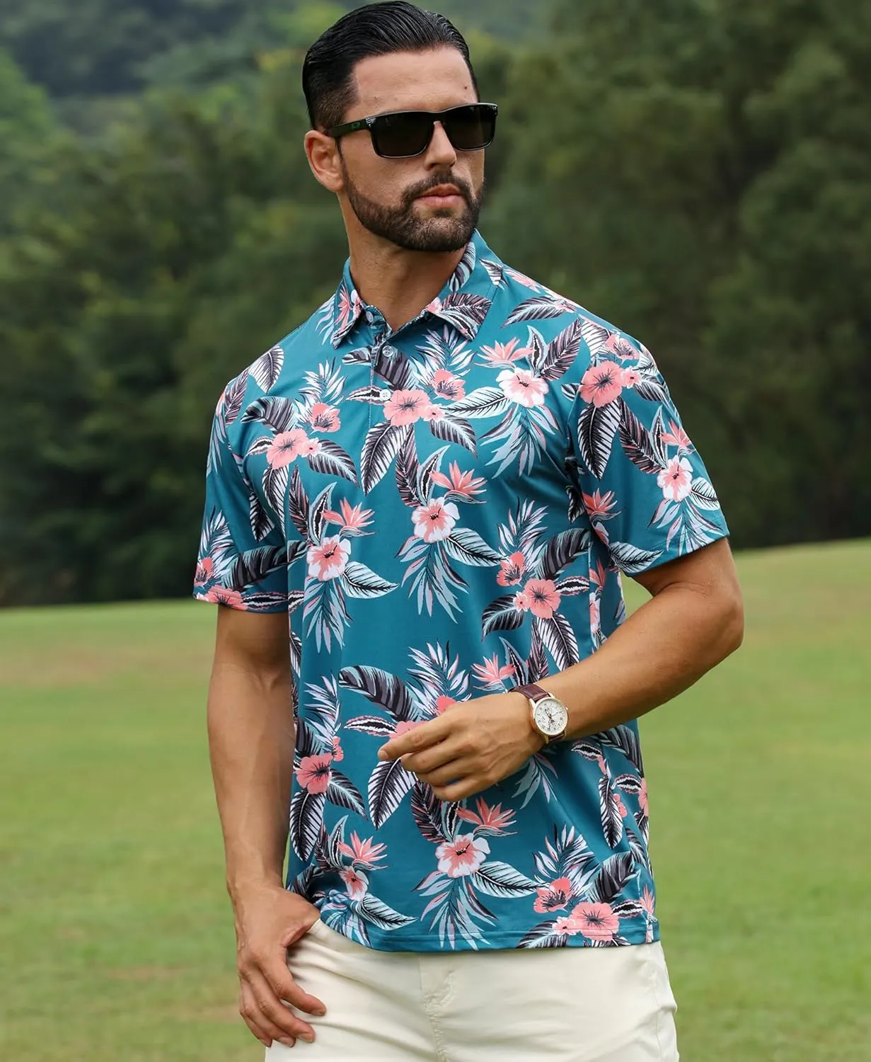 ELETOP Men's Golf Polo Shirts Short Sleeve Moisture Wicking Hawaiian Tropical Polos Performance Golf Shirts for Men Dry Fit