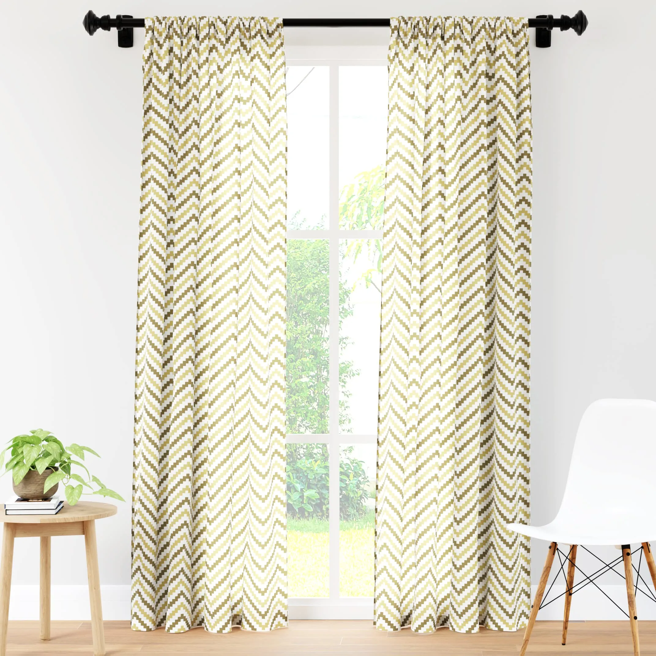 Encasa Homes Polyester Printed Door Curtains with Tie Back, 7 ft Long, Chevron 1 Beige, Pack of 2