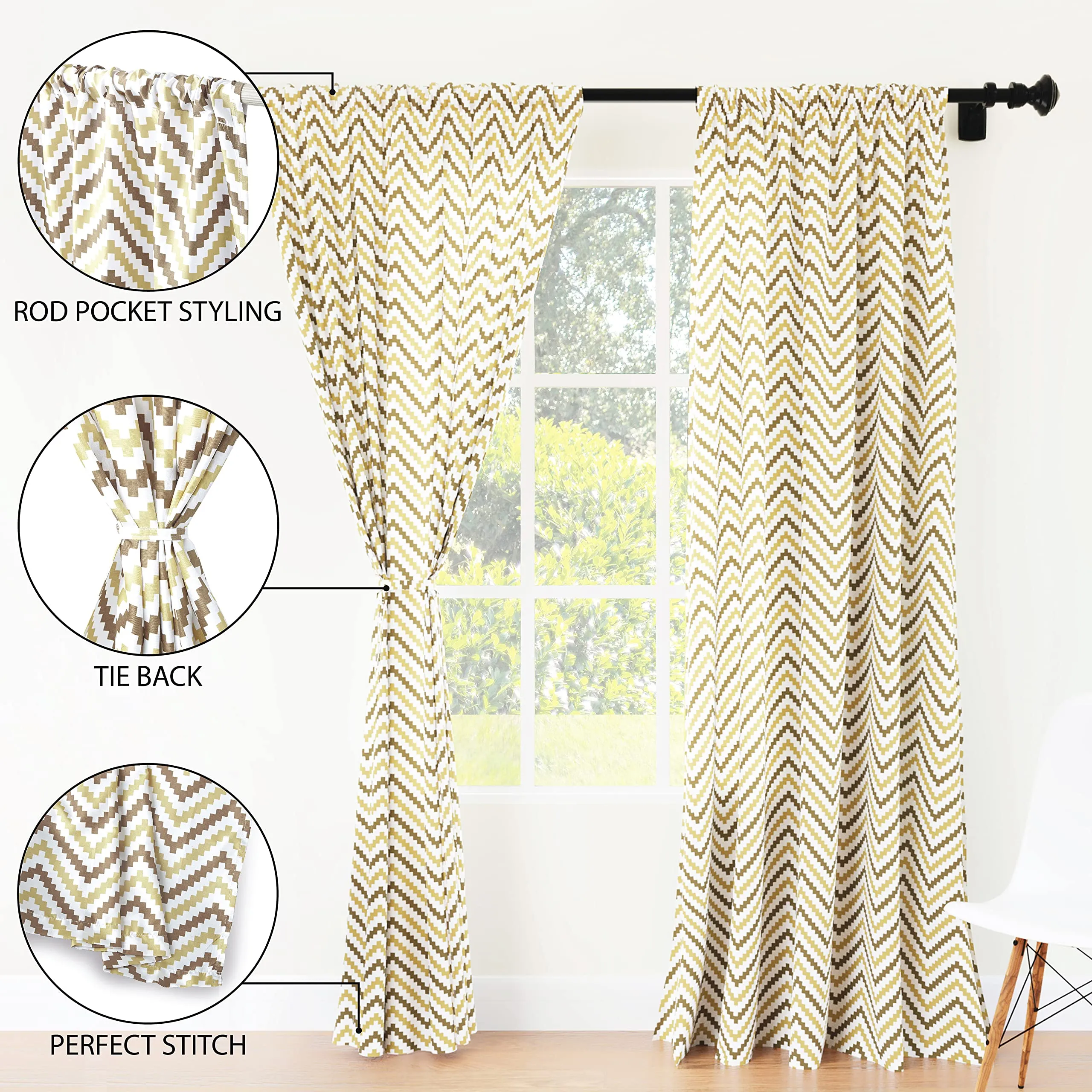 Encasa Homes Polyester Printed Door Curtains with Tie Back, 7 ft Long, Chevron 1 Beige, Pack of 2