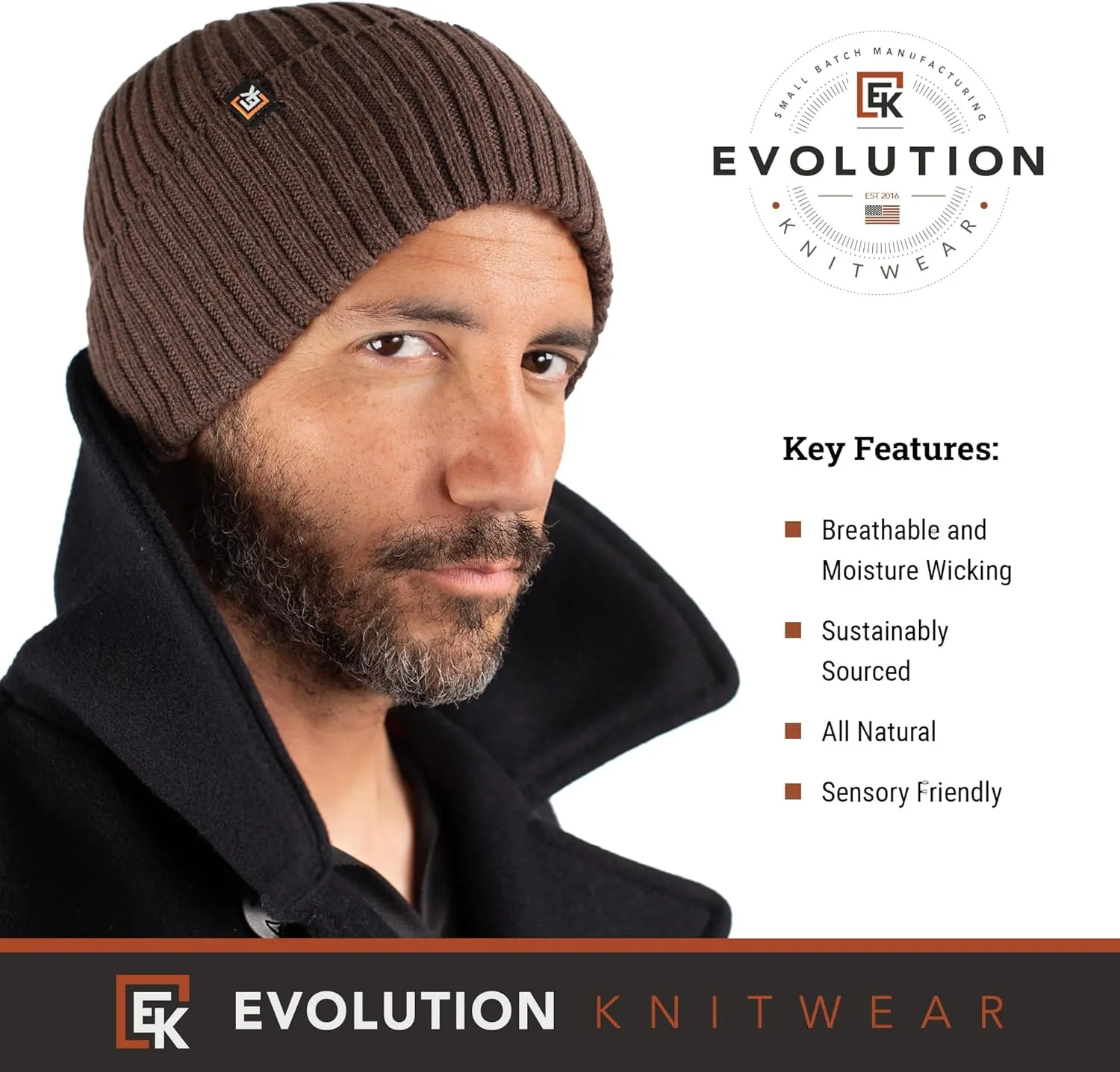 Evolution Knitwear Wool Rib Knit Beanie Hat for Men or Women - Super Soft Merino Wool - Made in The USA