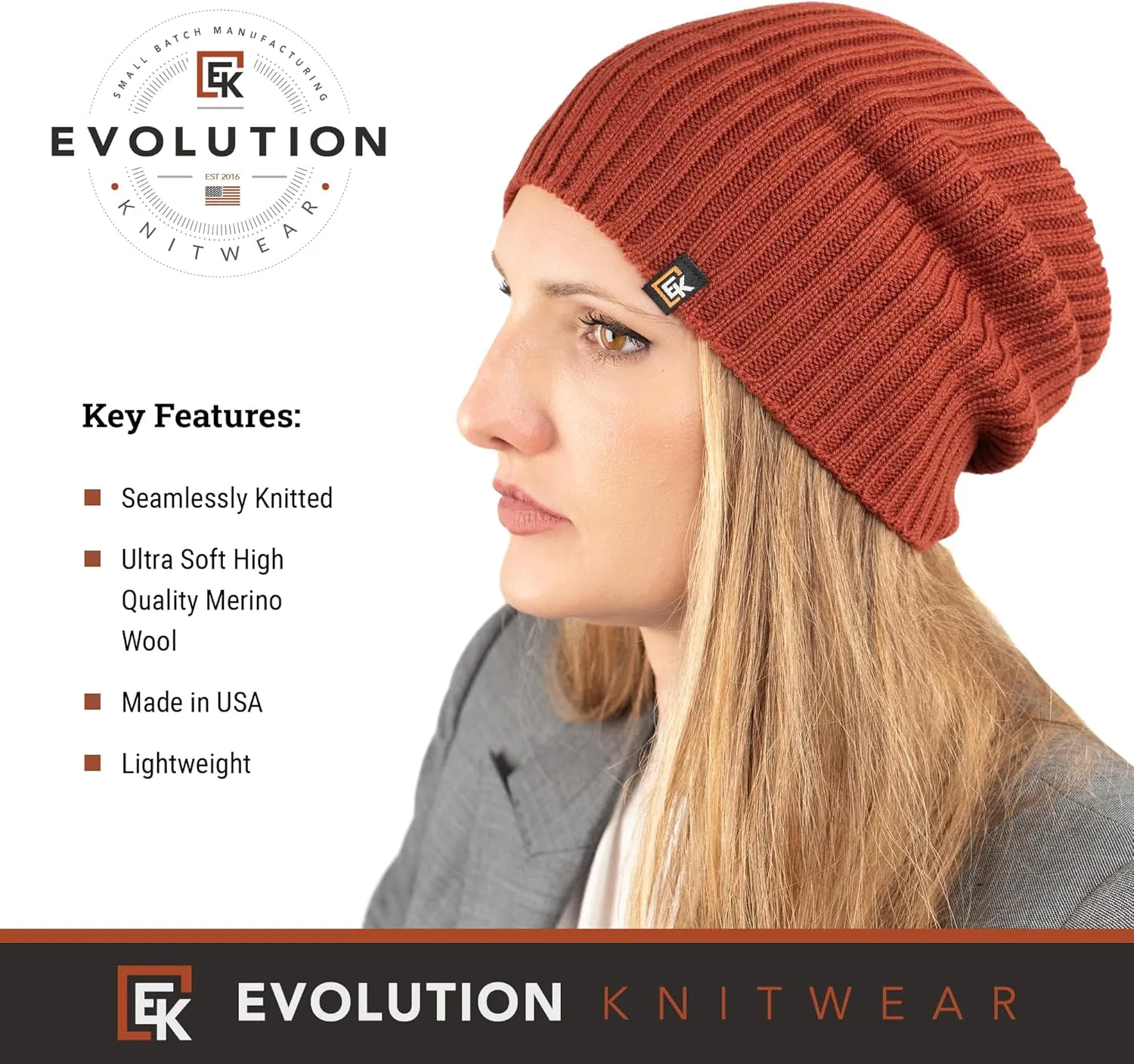 Evolution Knitwear Wool Rib Knit Beanie Hat for Men or Women - Super Soft Merino Wool - Made in The USA