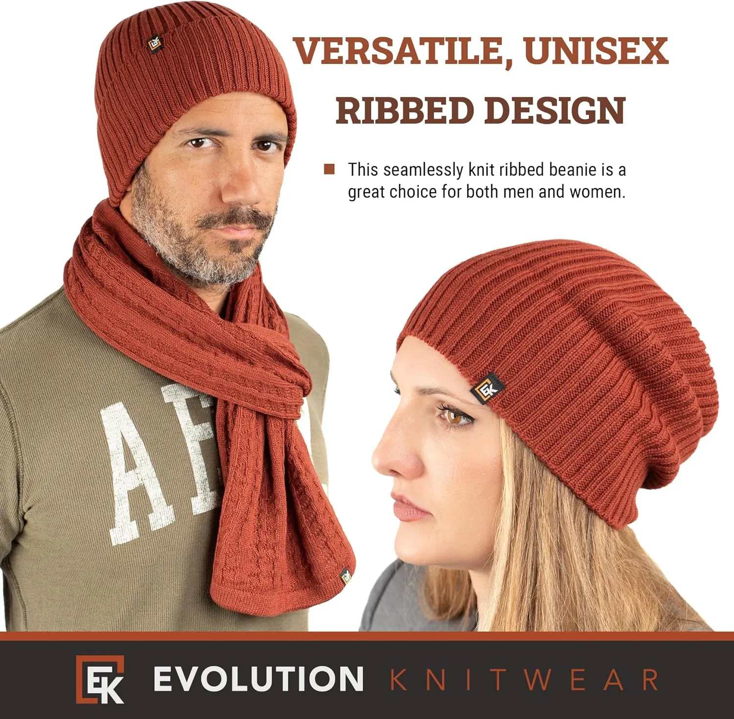 Evolution Knitwear Wool Rib Knit Beanie Hat for Men or Women - Super Soft Merino Wool - Made in The USA