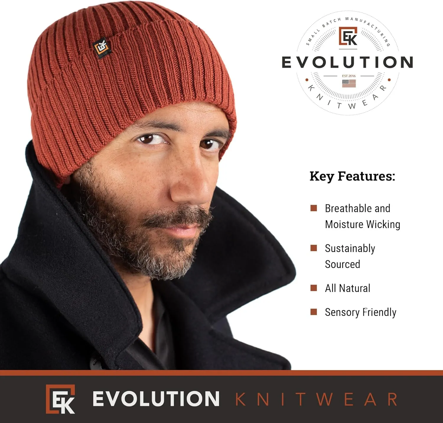 Evolution Knitwear Wool Rib Knit Beanie Hat for Men or Women - Super Soft Merino Wool - Made in The USA