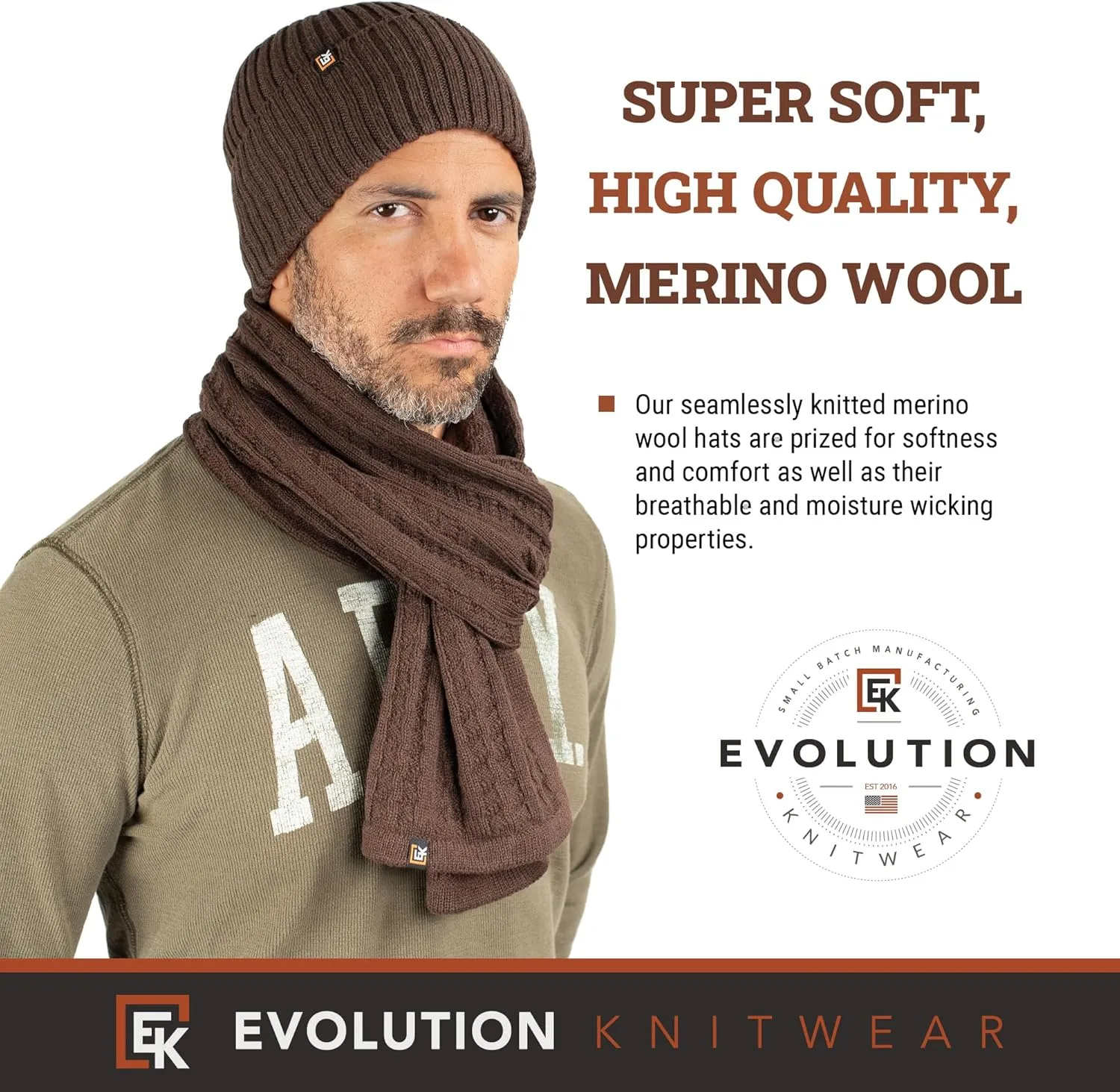 Evolution Knitwear Wool Rib Knit Beanie Hat for Men or Women - Super Soft Merino Wool - Made in The USA