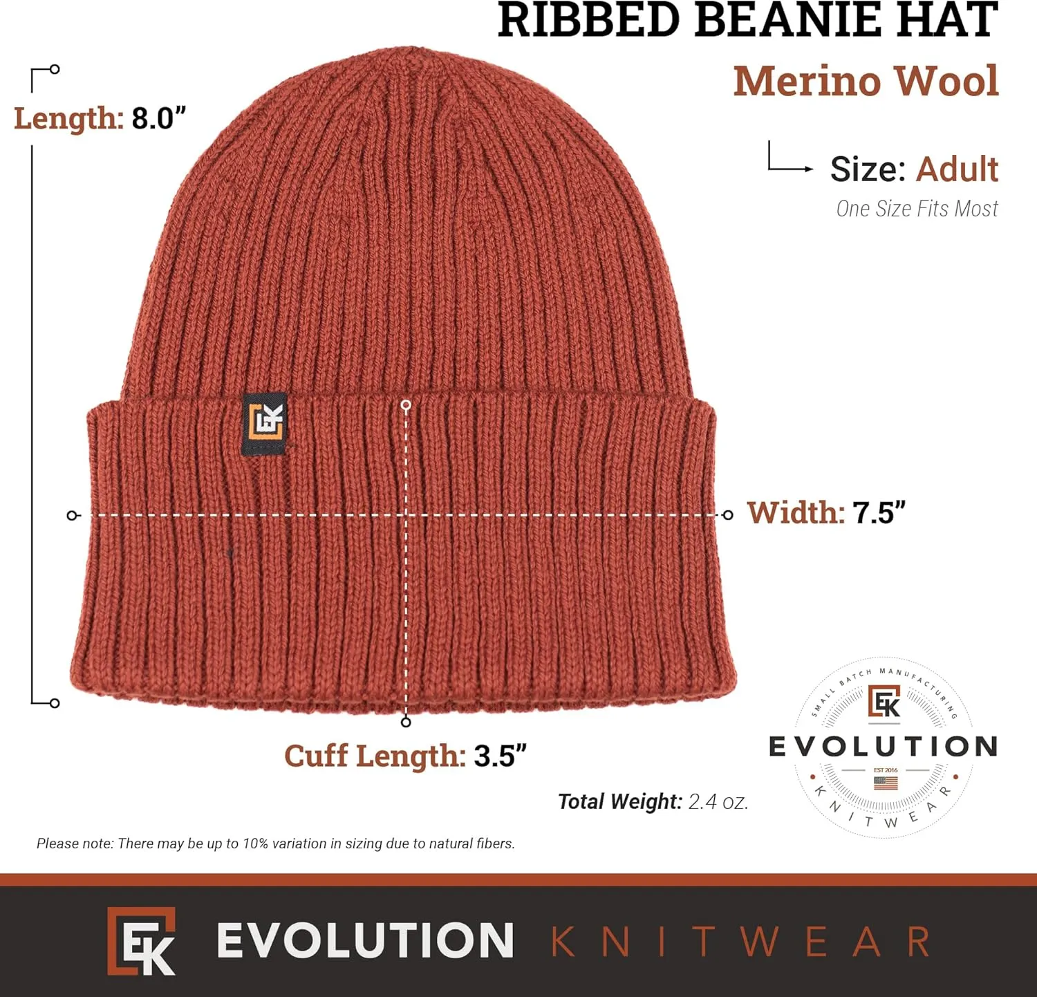 Evolution Knitwear Wool Rib Knit Beanie Hat for Men or Women - Super Soft Merino Wool - Made in The USA