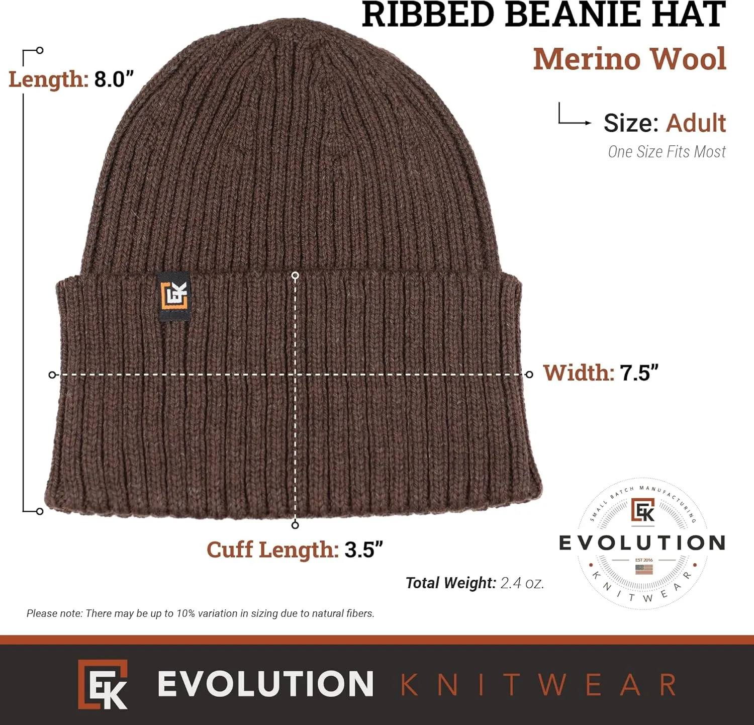Evolution Knitwear Wool Rib Knit Beanie Hat for Men or Women - Super Soft Merino Wool - Made in The USA