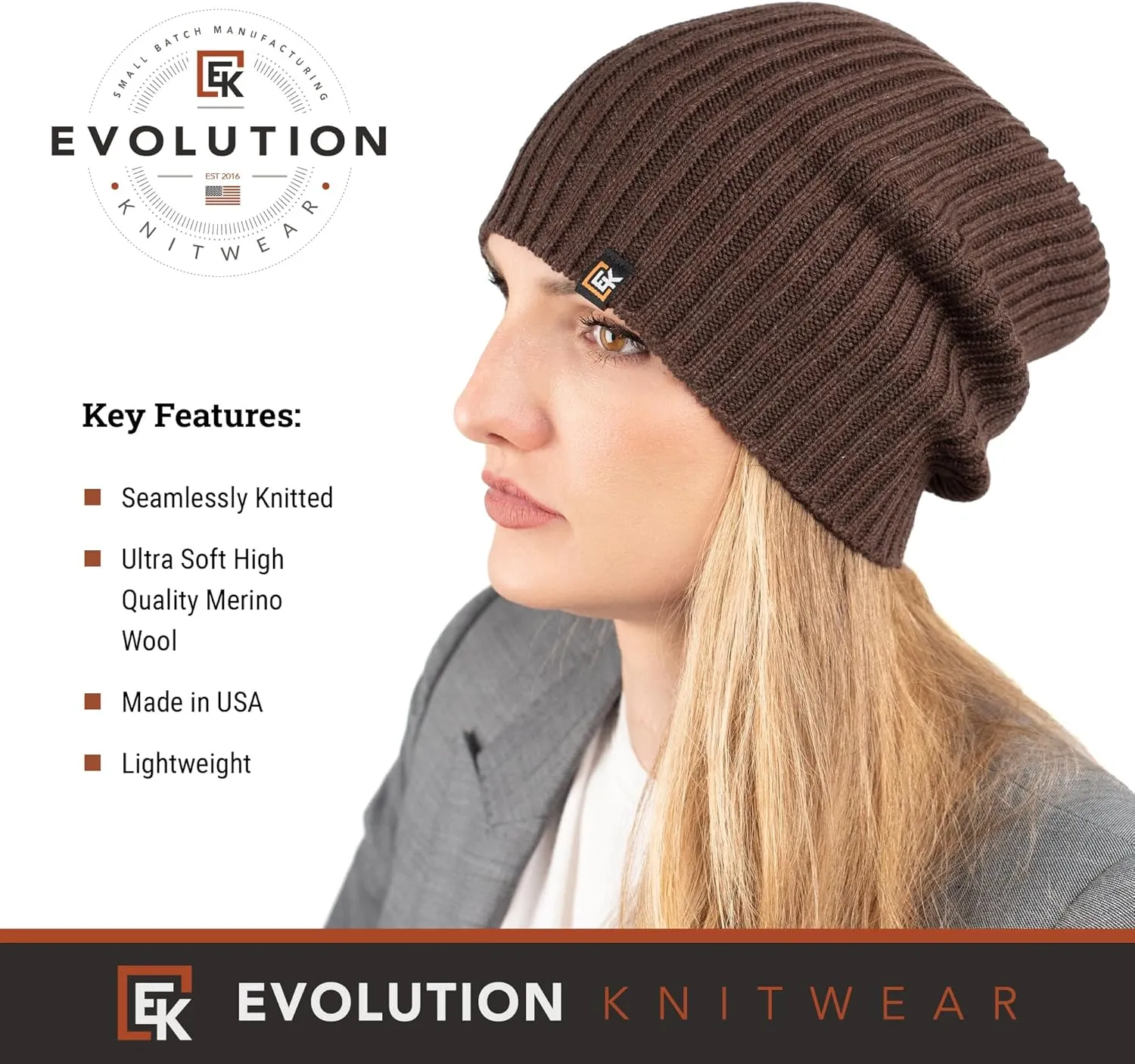 Evolution Knitwear Wool Rib Knit Beanie Hat for Men or Women - Super Soft Merino Wool - Made in The USA