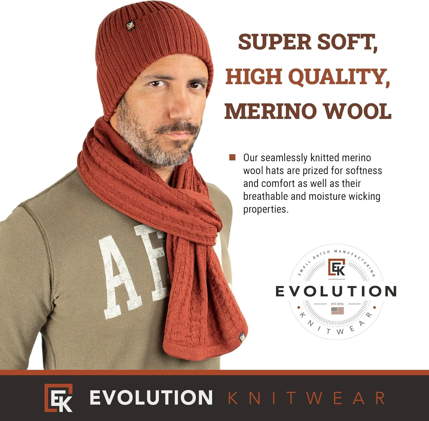 Evolution Knitwear Wool Rib Knit Beanie Hat for Men or Women - Super Soft Merino Wool - Made in The USA