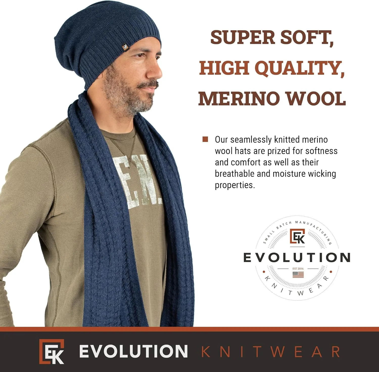 Evolution Knitwear Wool Slouchy Knit Beanie Hat for Men or Women - Super Soft Merino Wool - Made in The USA