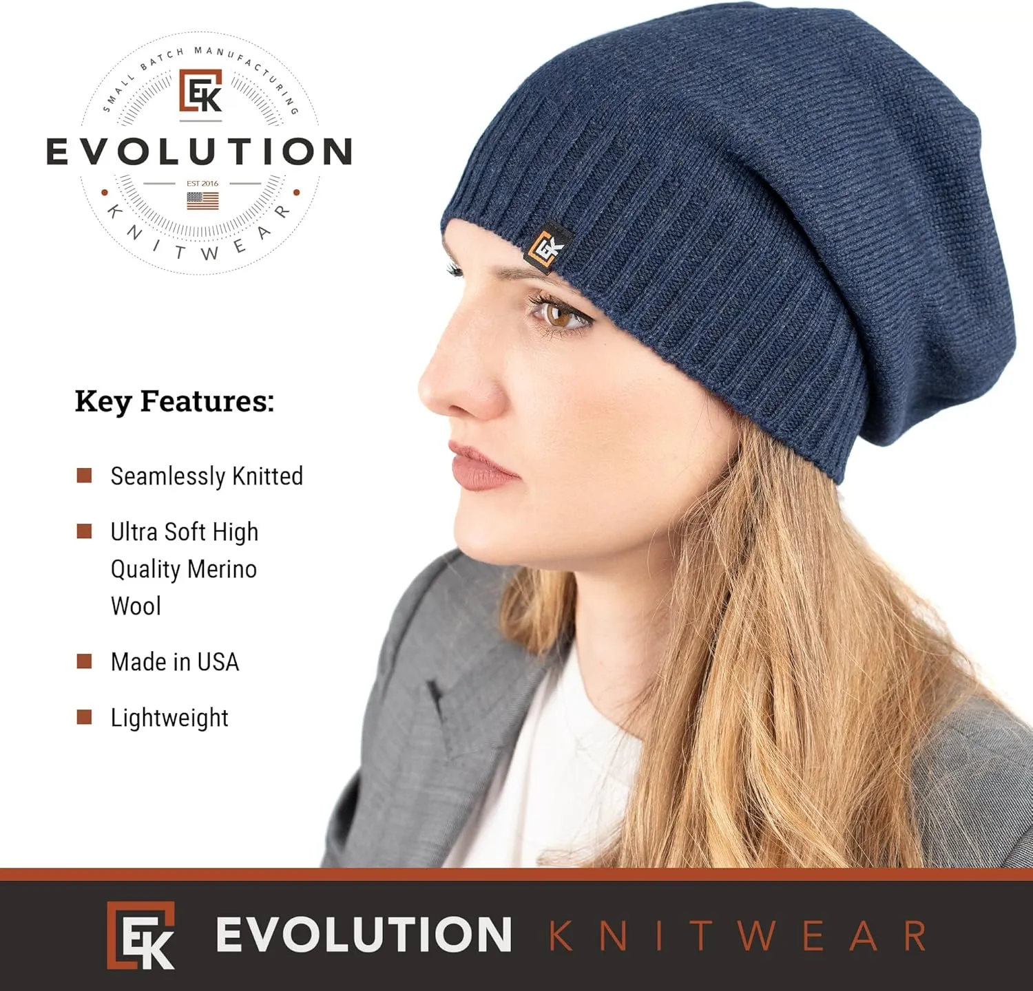 Evolution Knitwear Wool Slouchy Knit Beanie Hat for Men or Women - Super Soft Merino Wool - Made in The USA