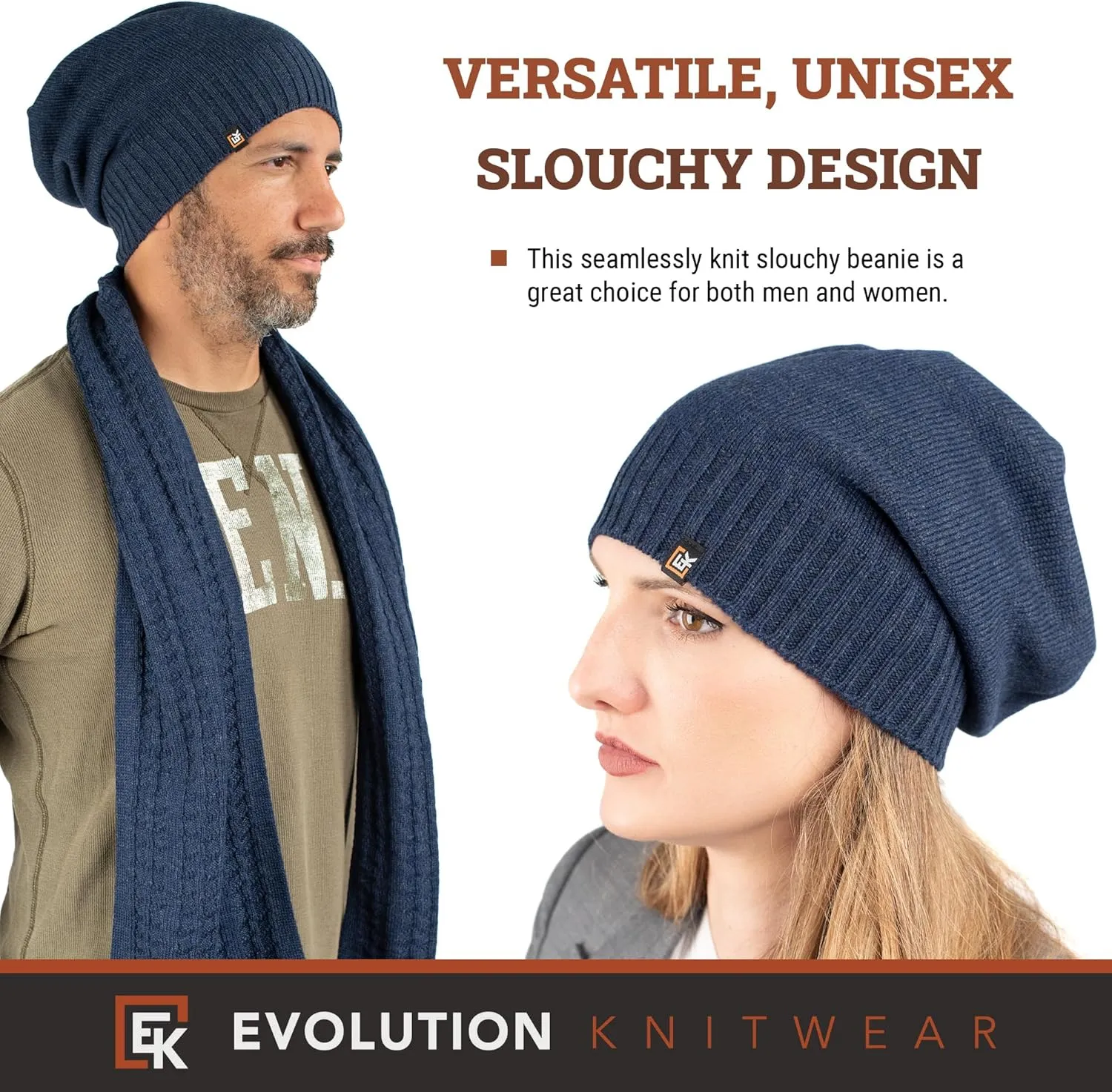 Evolution Knitwear Wool Slouchy Knit Beanie Hat for Men or Women - Super Soft Merino Wool - Made in The USA