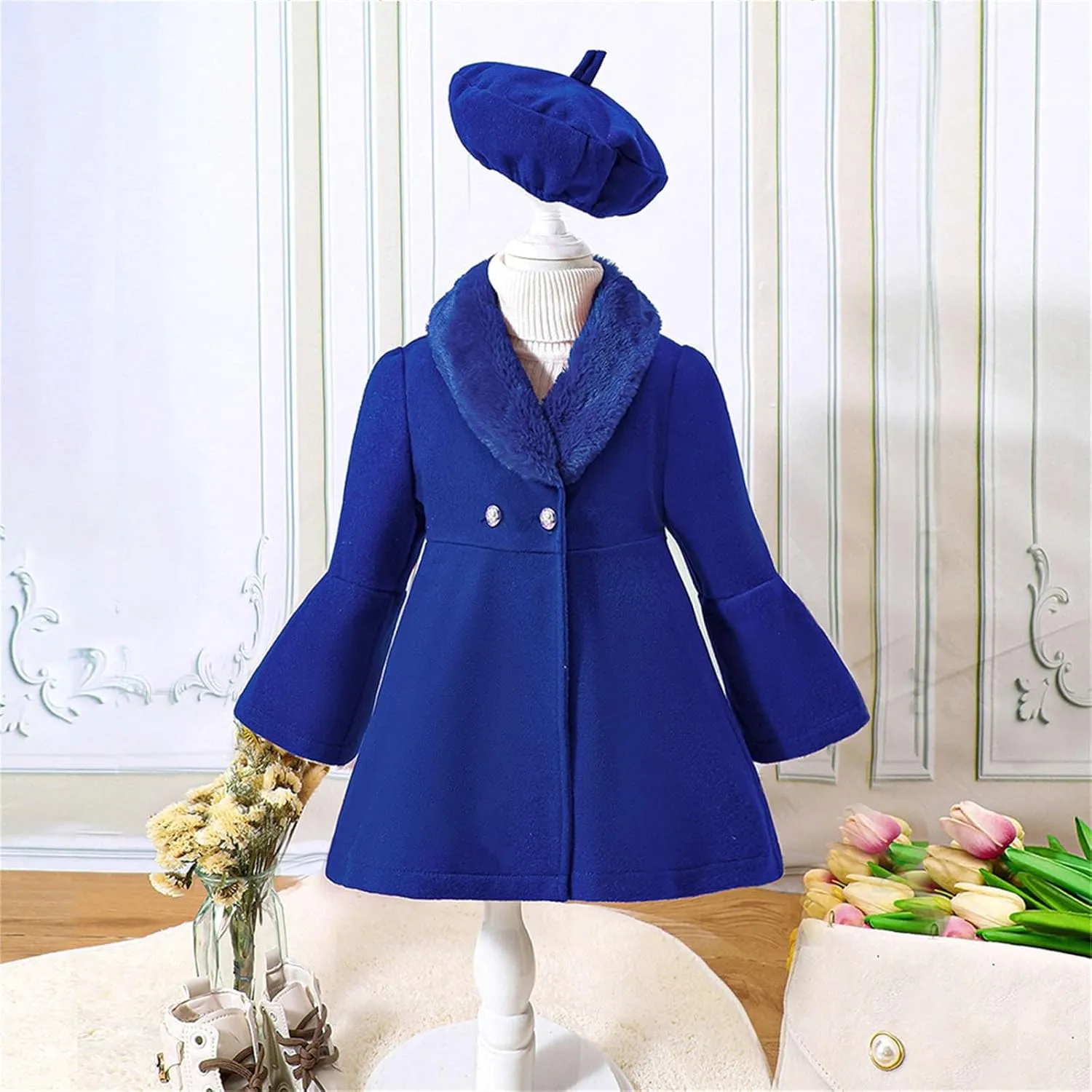 Girls Trench Coats Long Sleeve Furry Collar Warm Peacoat with Beret Hat Set for Casual Wear Toddler