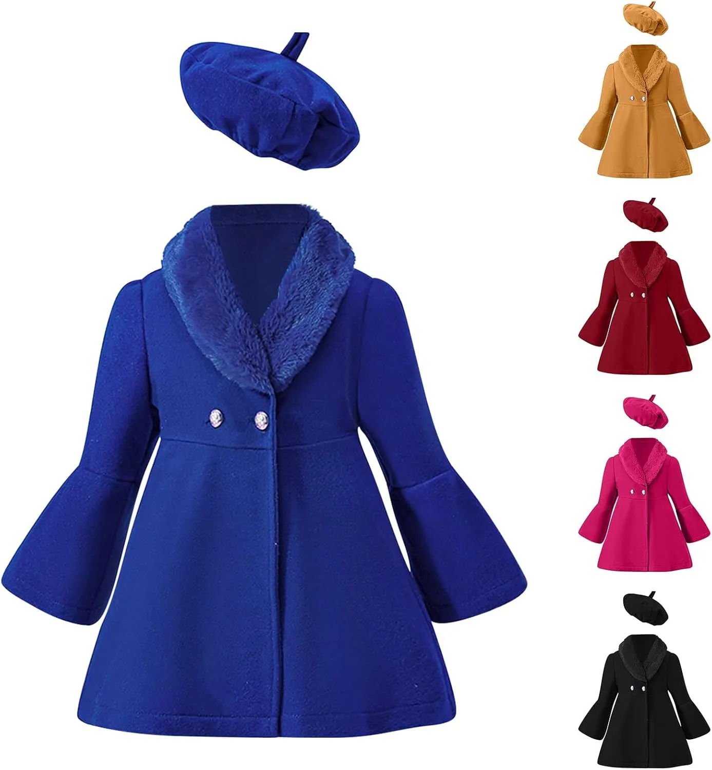 Girls Trench Coats Long Sleeve Furry Collar Warm Peacoat with Beret Hat Set for Casual Wear Toddler