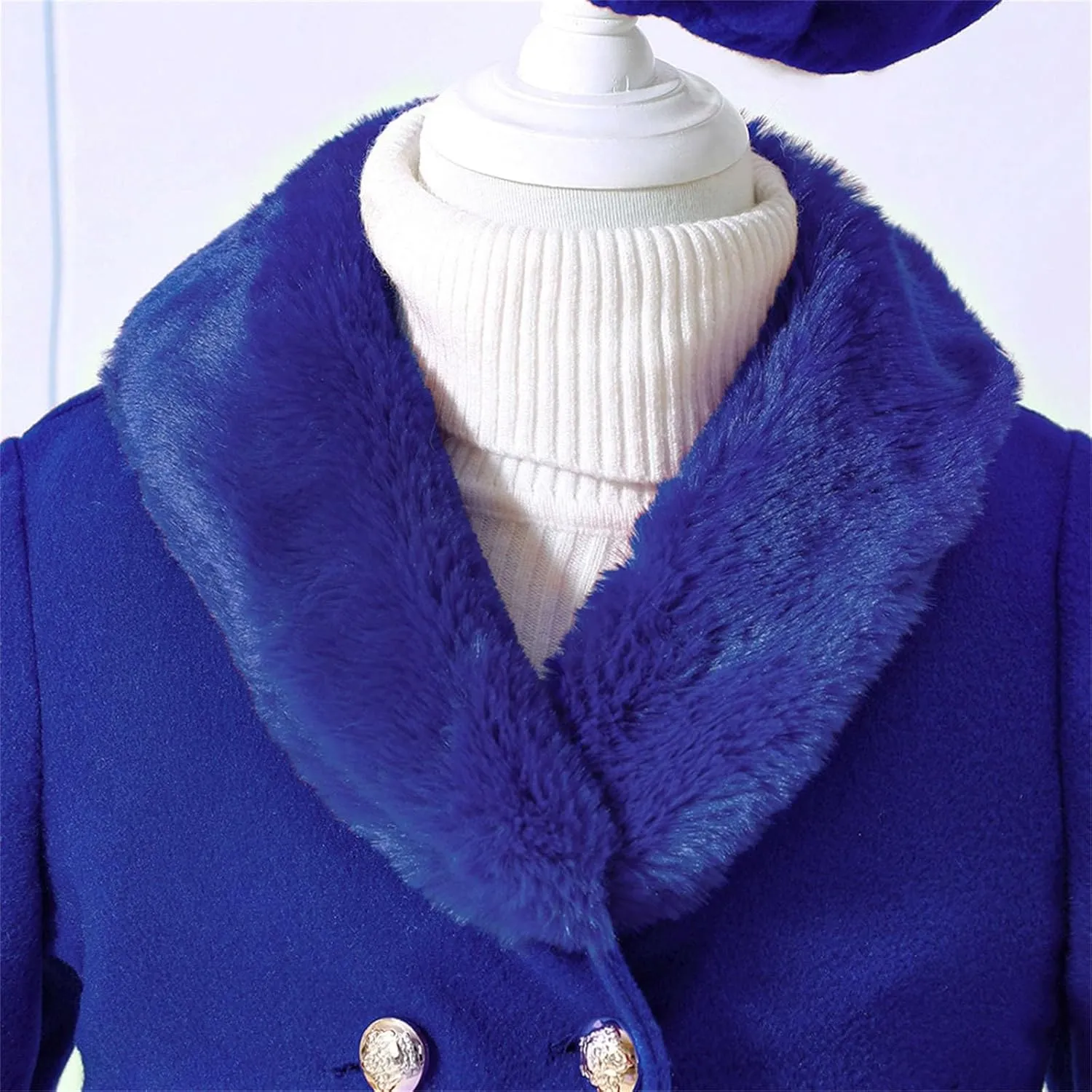 Girls Trench Coats Long Sleeve Furry Collar Warm Peacoat with Beret Hat Set for Casual Wear Toddler
