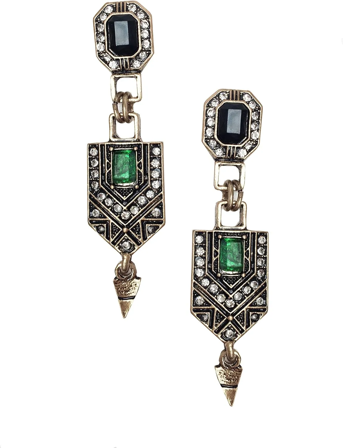 Gold Tone Art Deco Antique Vintage Flapper Jet Black Onyx Green Emerald Rhinestone Wedding Bridal Prom Long Dangle Earrings